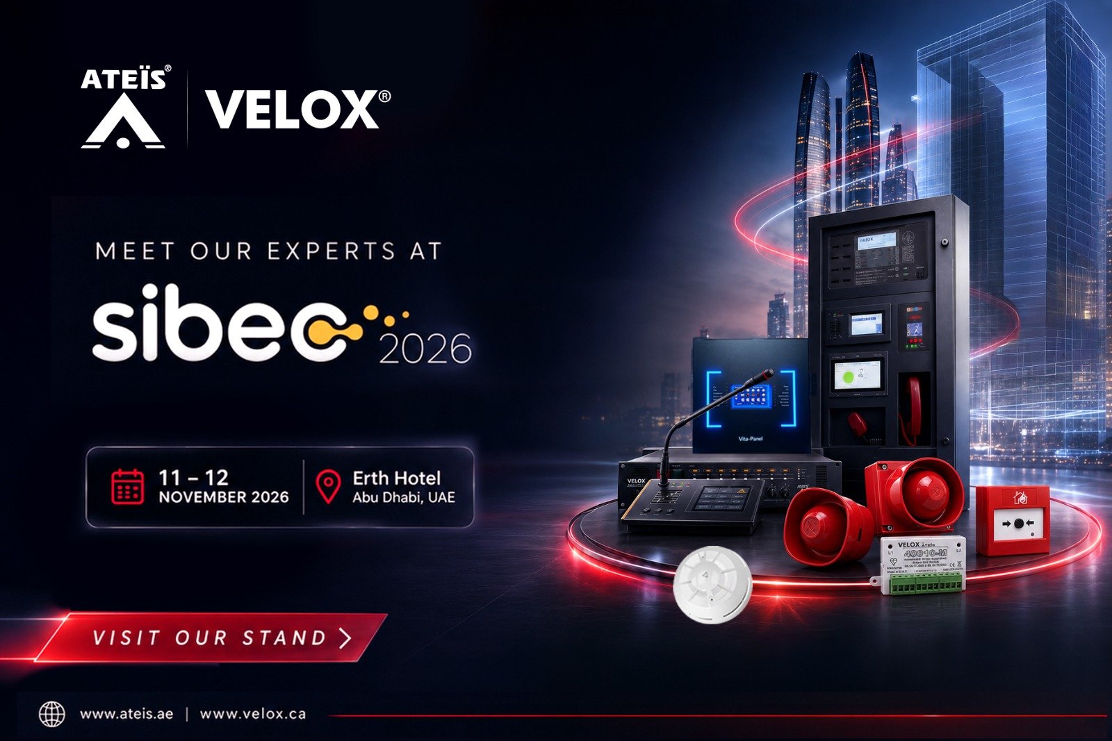 VELOX and ATEÏS at SIBEC 2026 – fire detection and voice alarm systems, 11–12 November 2026, Erth Hotel, Abu Dhabi